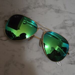 Ray-Ban Gold Frame Sunglasses with Reflective Green Lenses
